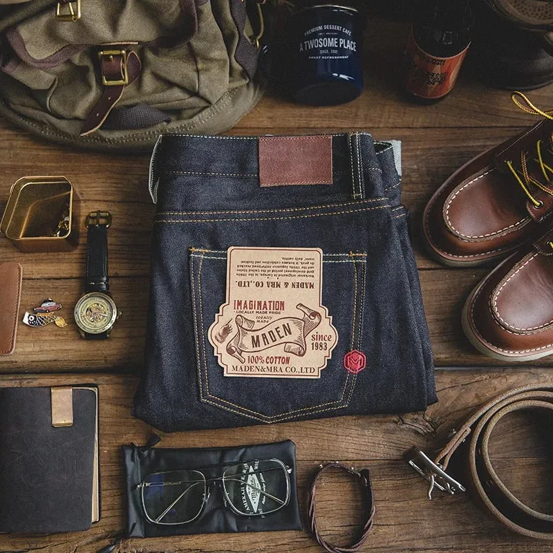 Maden vintage 14.5oz ourela jeans cru com zíper ykk voar bordado calças retas calças clássicas masculinas de cor sólida