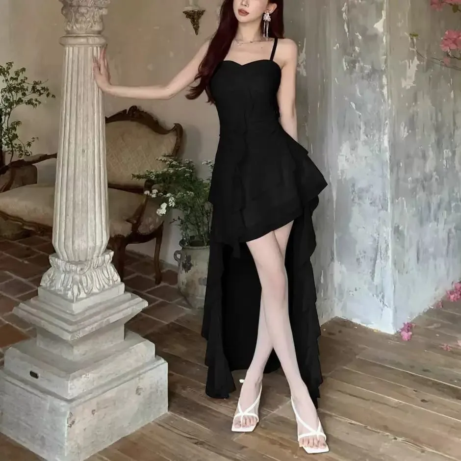 Fashion Sexy Spaghetti Strap Ruffle Irregular Bodycon Party Club Evening Dress Women Mesh Suspender Spring Summer Holiday Beach