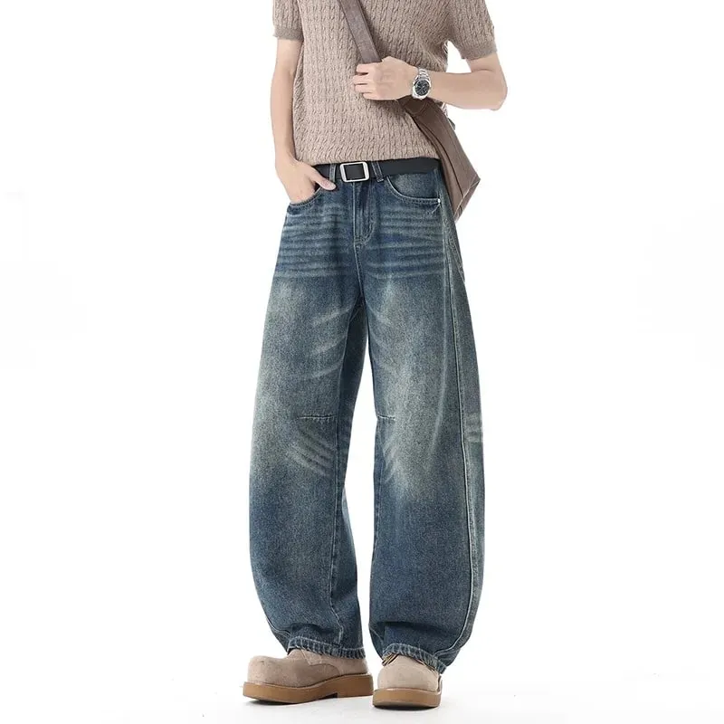 Men 2026 New American Curved Cut Jeans Fall Winter High Street Washed Whiskering Wide Leg Vintage Loose Denim Trousers
