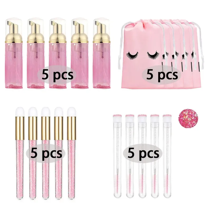 60ml Refillable Empty Plastic Pump Bottle Lash Extension Cleaning Kit Long Rod Brush Lash Curler Dust Tube EVA Storage Bag Tools