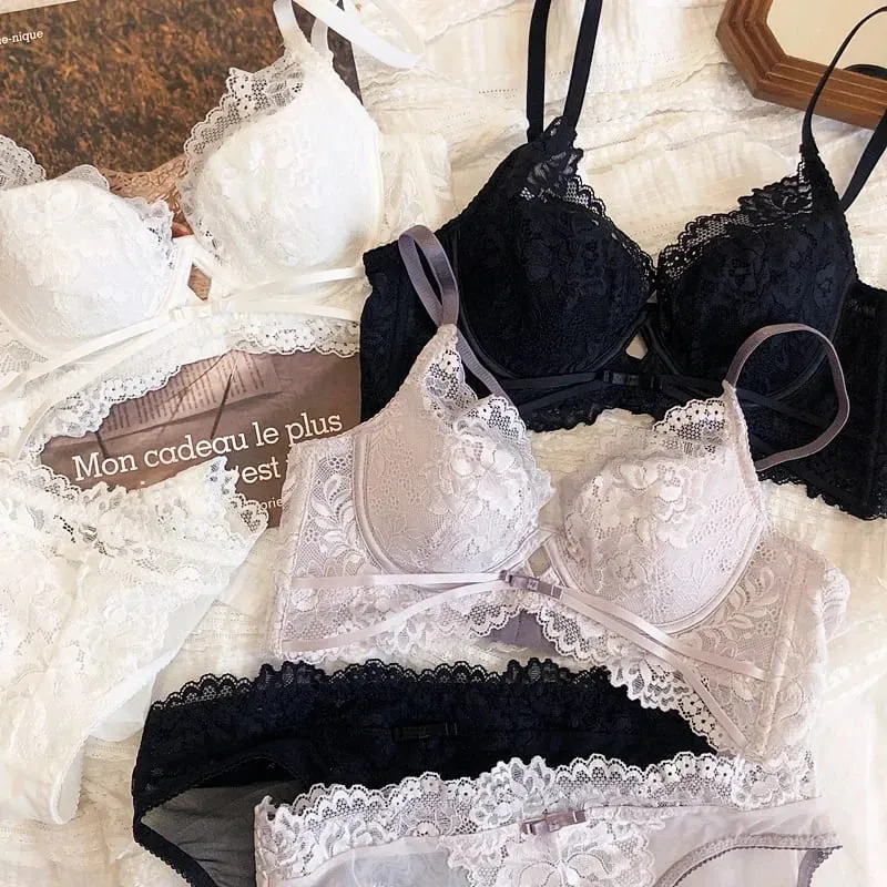 2 pièces été mince tasse soutien-gorge Sexy dentelle creux ensemble de sous-vêtements pour les femmes broderie française Lingerie Push Up brassière culotte ensemble