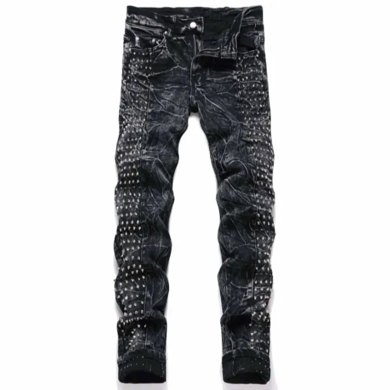 2025 Four Seasons New Retro Punk High Street Trendy Sort Vasket Forældede Slankende og Forældede Willow Nail mænds jeans — image 1
