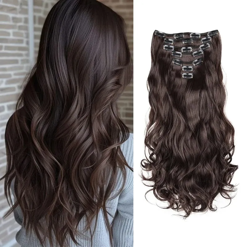 24Inch Synthetic Long Wavy Curly Hair Extension 7pcs/set Soft Invisible Cilp Thick Fluffy Hairpiece for Women Daily Use
