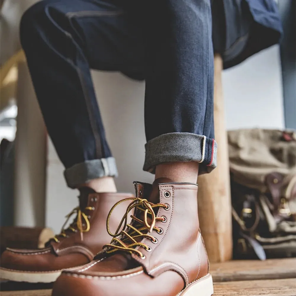Maden vintage 14.5oz ourela jeans cru com zíper ykk voar bordado calças retas calças clássicas masculinas de cor sólida