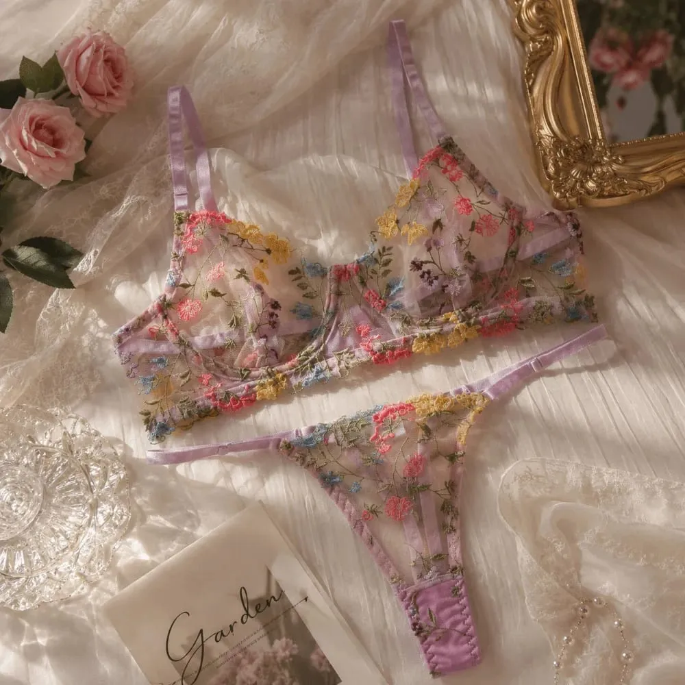 Versatile Transparent Lingerie Set Push Up Ultra-thin Panties Bra Set Elegant Embroidery Floral Underwear Girl
