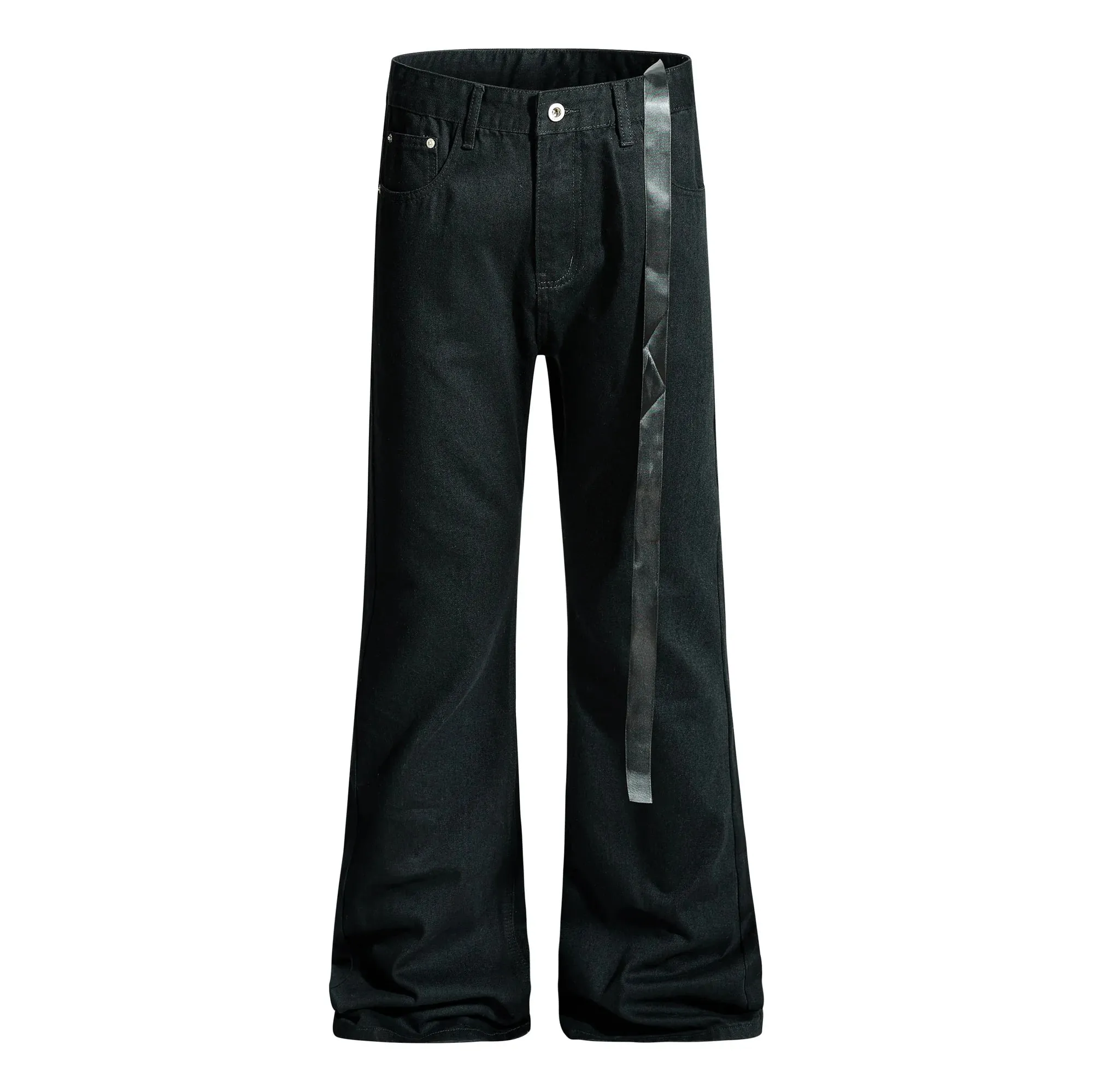 Vintage Washed Black Slim Fit Flare Jeans Long Ribbon Y2k Streetwear Casual Skinny Bell Bottom Jeans Distressed Fashionable
