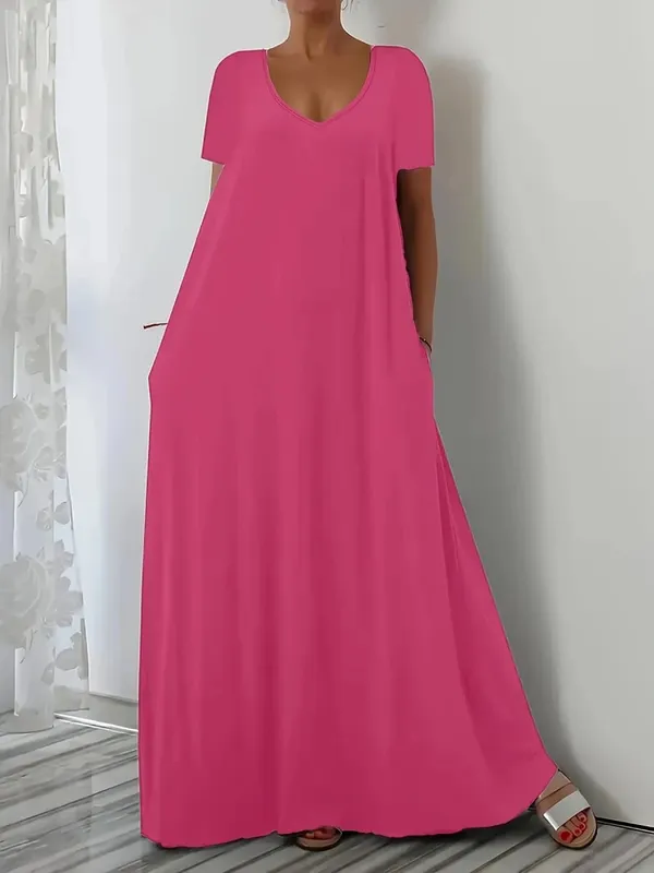 Grande taille été nouvelle jupe longue décontracté ample à manches courtes couleur unie col en v robe de grande taille pour les femmes