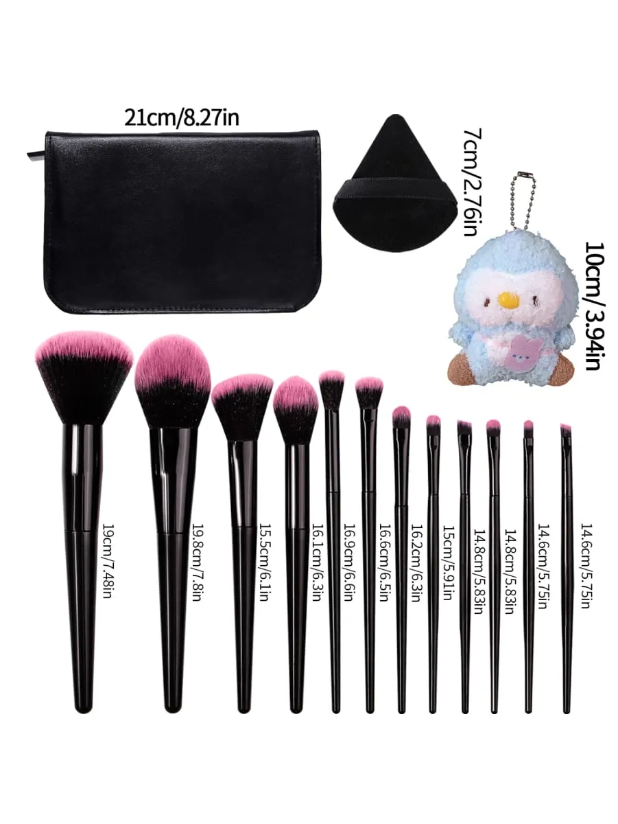 16PCS Black & Pink Makeup Brushes Set Free Shipping with Bag Puffs & Pendant