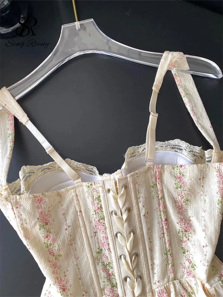 Elegant Lace Floral Bustier Women French Lace Up Splice Casual Daily Bodycon Tank Top Summer Print Vacation Corset Top