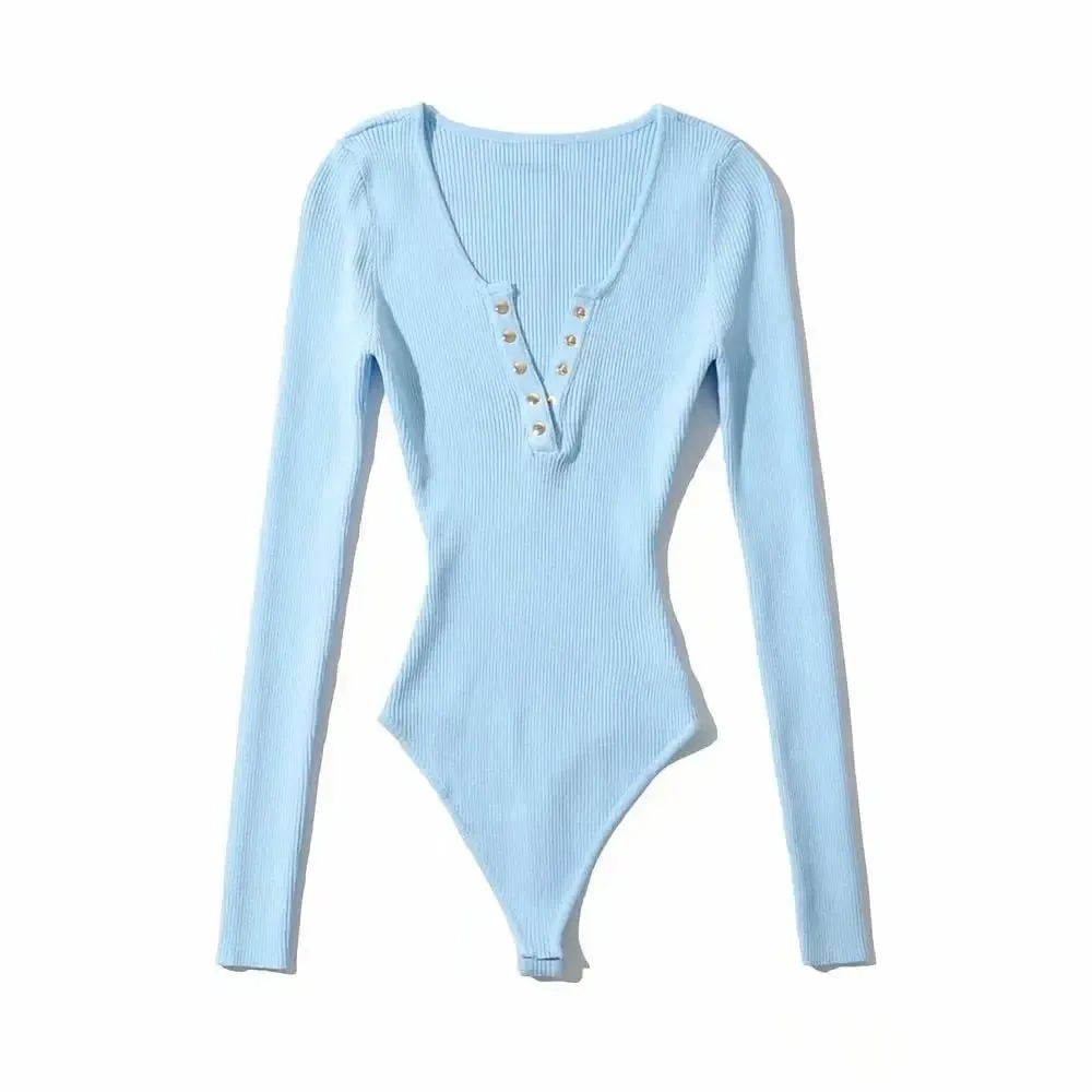 Long Sleeve Gold Button Detail Slim Fit V-Neck Bodysuit Sexy Elegant Wear Spring Autumn Women's Trendy Ribbed Knit Bodysui