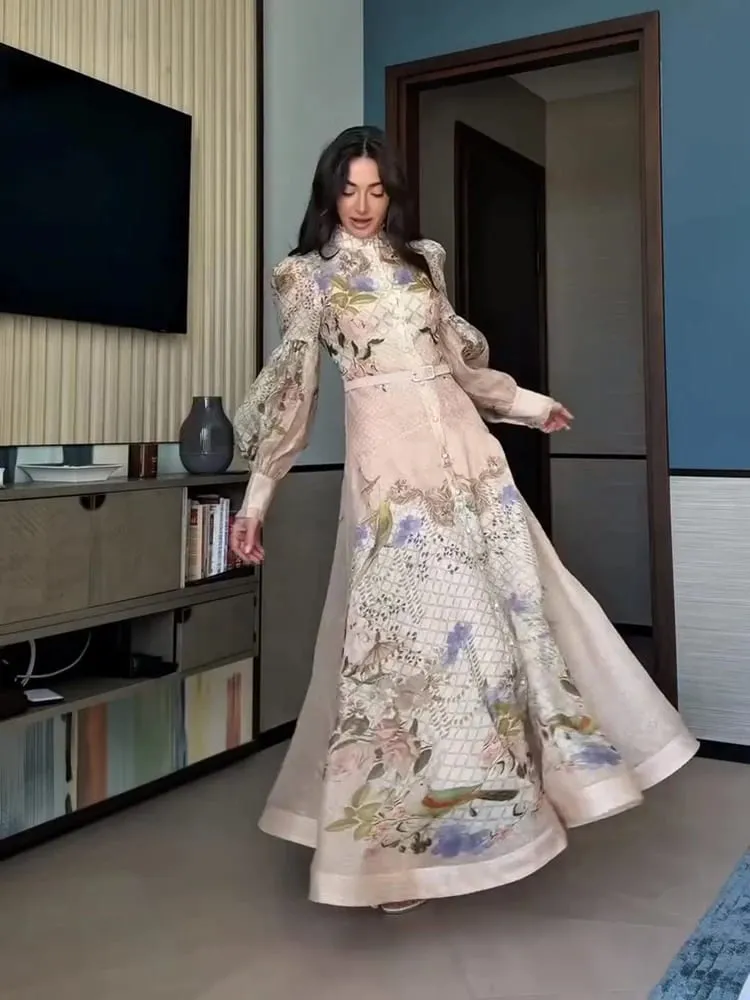 Elegant Floral Printed Women's Dress Stand Collar Full Puff Sleeve A-line Long Dresses 2026 Summer Vacation Party Lady Robes