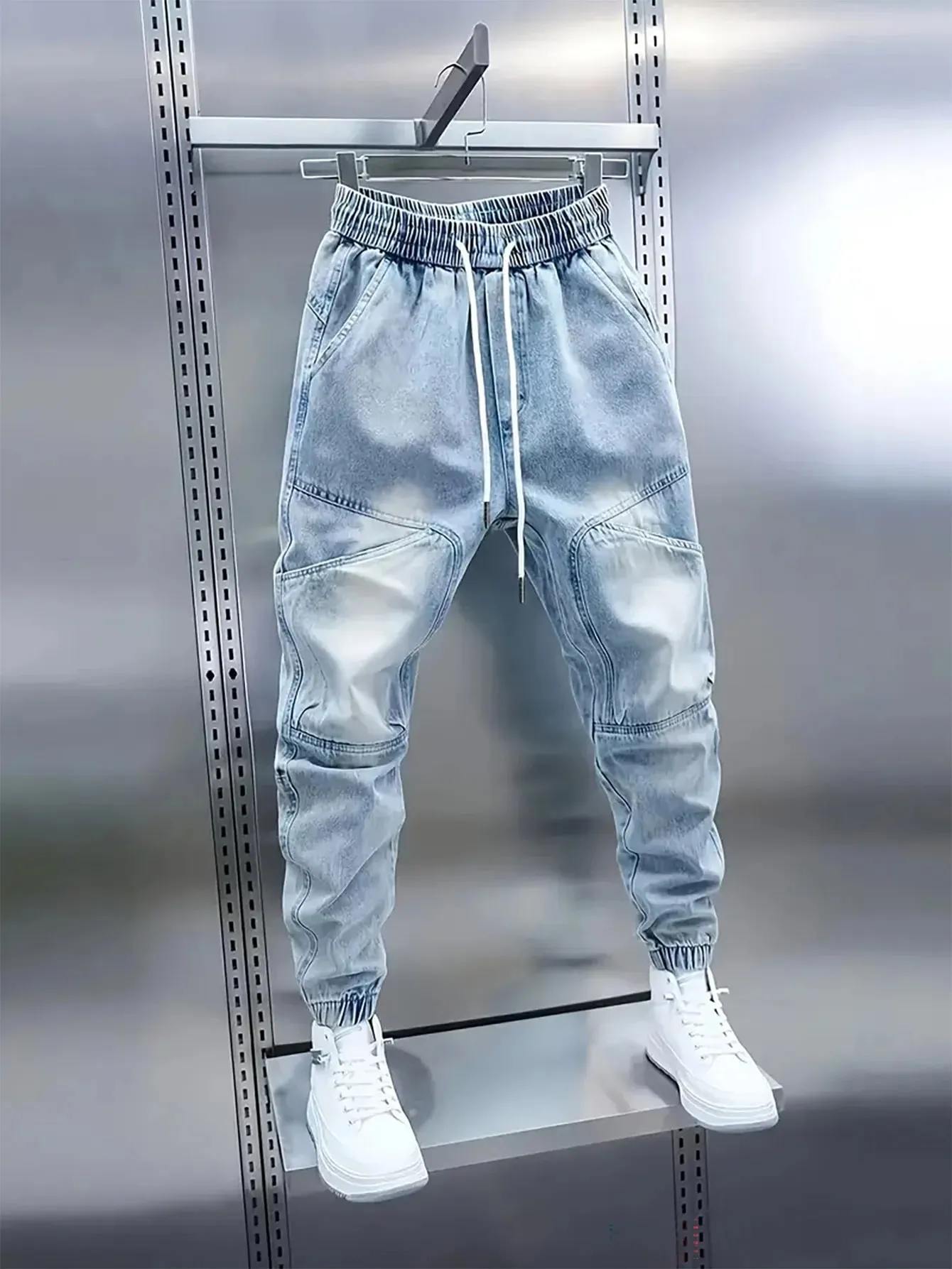Men's New Drawstring Elastic Waist Light Blue Cuffed Baggy Jeans