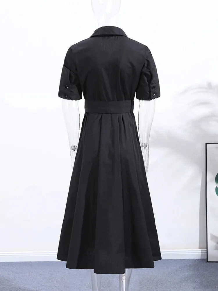 Elegant Belt Women Long Black Dress Full Sleeve Pleated Lapel Waist-Closed Female A Line Dresses 2026 Spring Lady Robes New