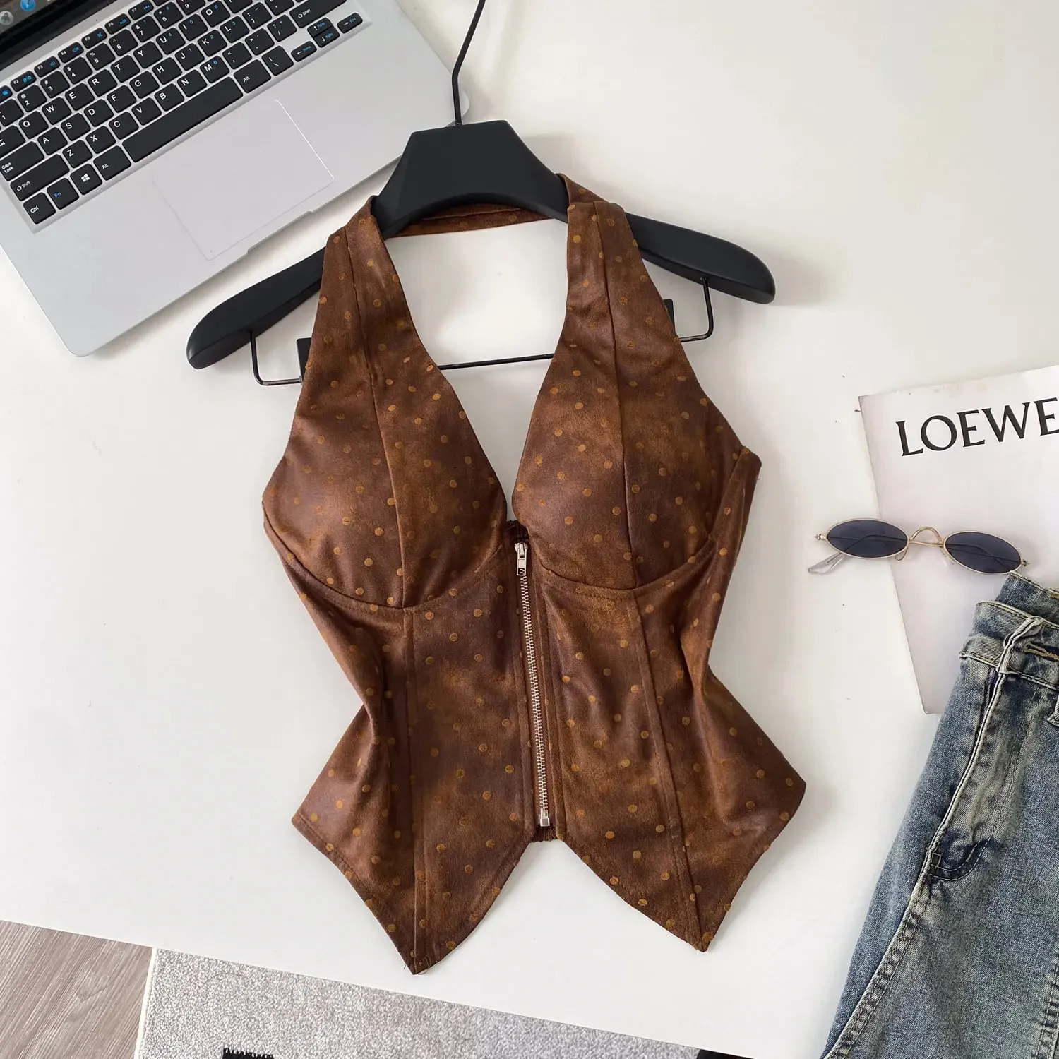 Polka Dot PU Leather Sexy Top Slim Backless Shirred Zipper Sensual Tank Top 2026 Women Trendy Halter Hotsweet Camisole