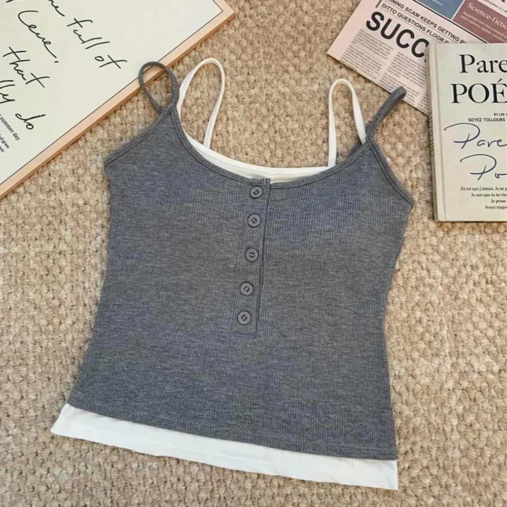 Canotta casual in due pezzi finta a strati Y2K Canottiera in maglia a costine Canottiera slim fit senza maniche con imbottitura sul petto per l'uso quotidiano