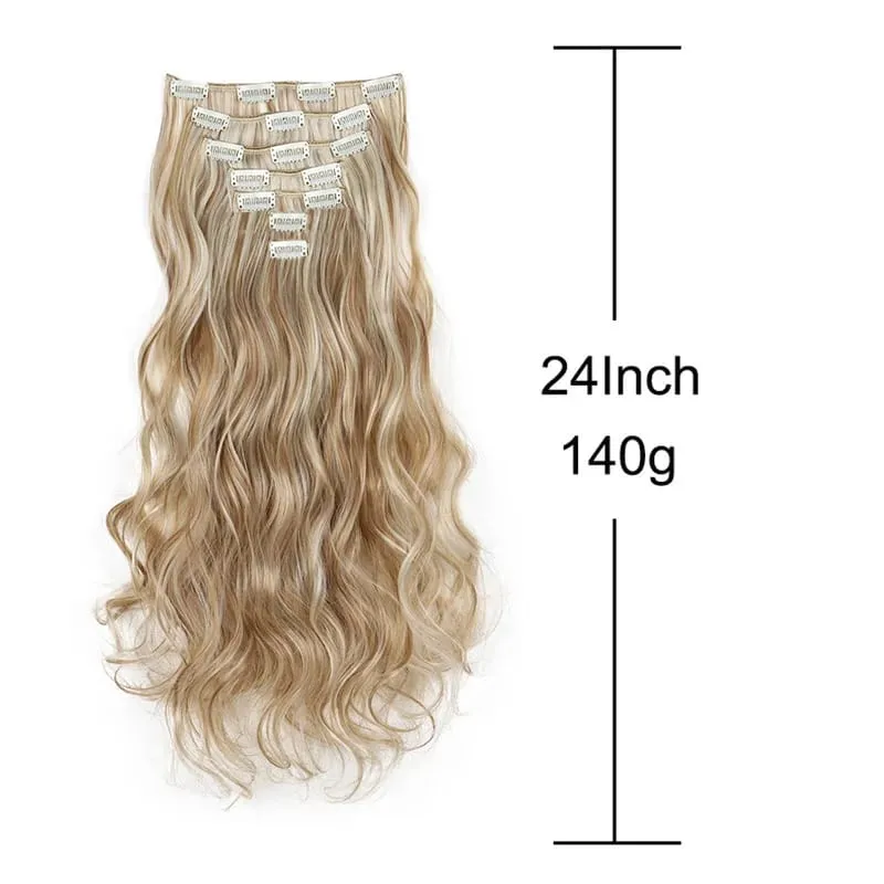 24Inch Synthetic Hair Extension Long Wavy Curly 7pcs/Set Hair Clip Style Hair Extensions Black Blonde Hairpiece for Women