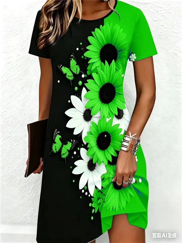 Street Hip Hop Flowers And Butterflies Women Mini Dresses Summer Short Sleeve 3D Printed Fashion Dress 3XL Big Size Casual Dress