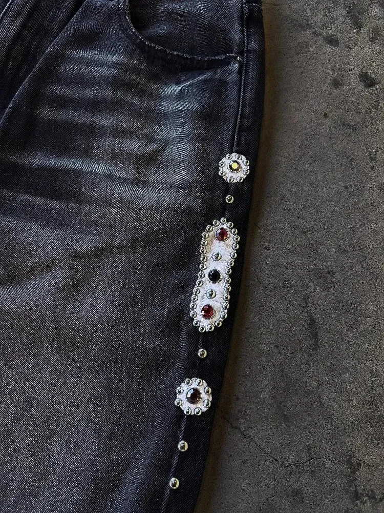 Mens Jeans Punk Vintage Streetwear Black Wide Leg Denim Pants Rhinestone Pearl Decor Ripped Distressed Loose Fit Y2K Fashion — image 4