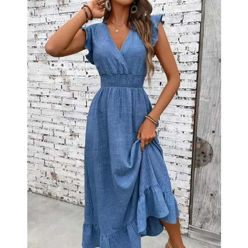 Women Maxi Dress 2026 New V Neck Denim Blue Long Dress Casual Loose Ruffle Hem Sundress for Summer Beach Vacation Daily Wear