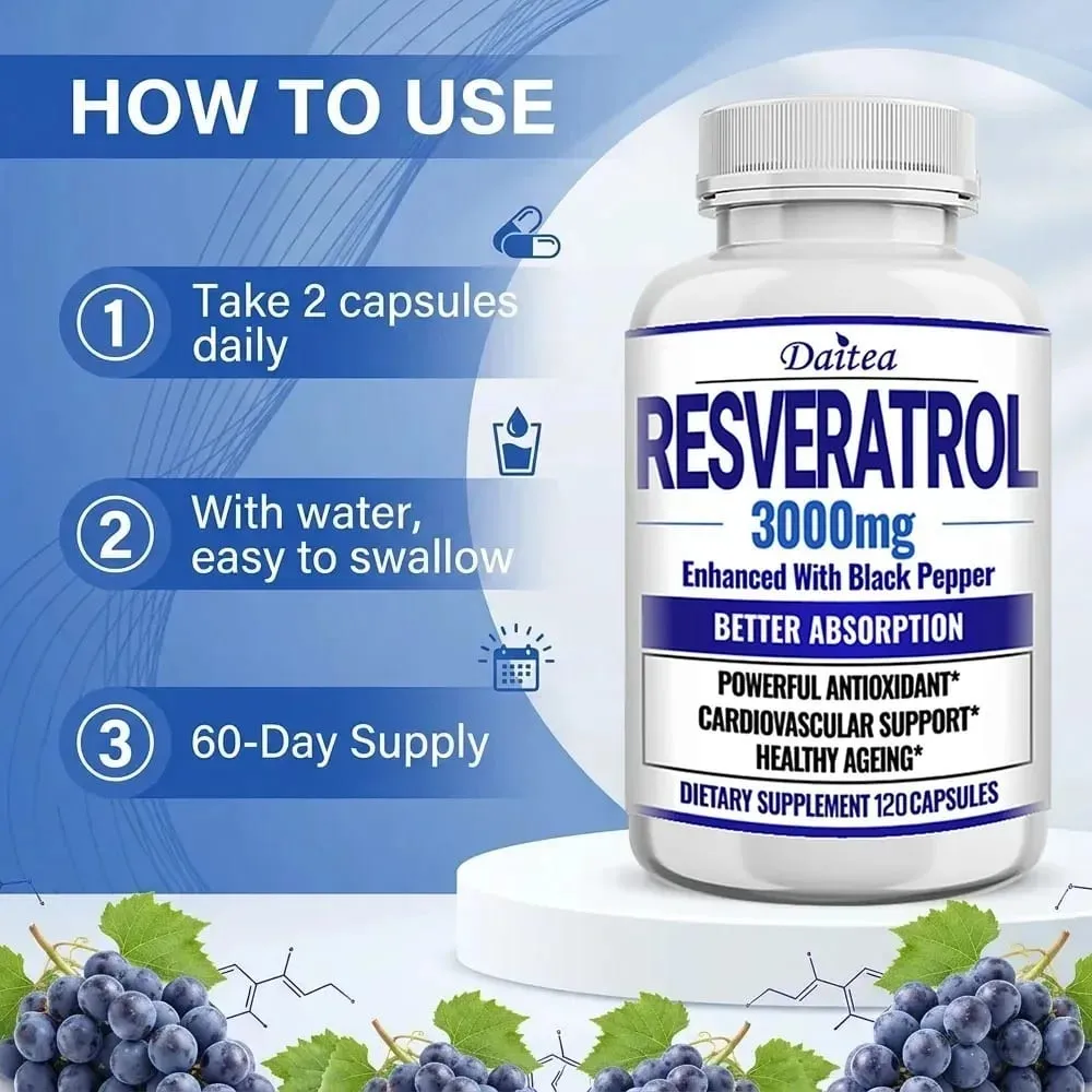 Resveratrol Supplement Capsules - Anti-Aging Cardiovascular & Joint Support Skin Health