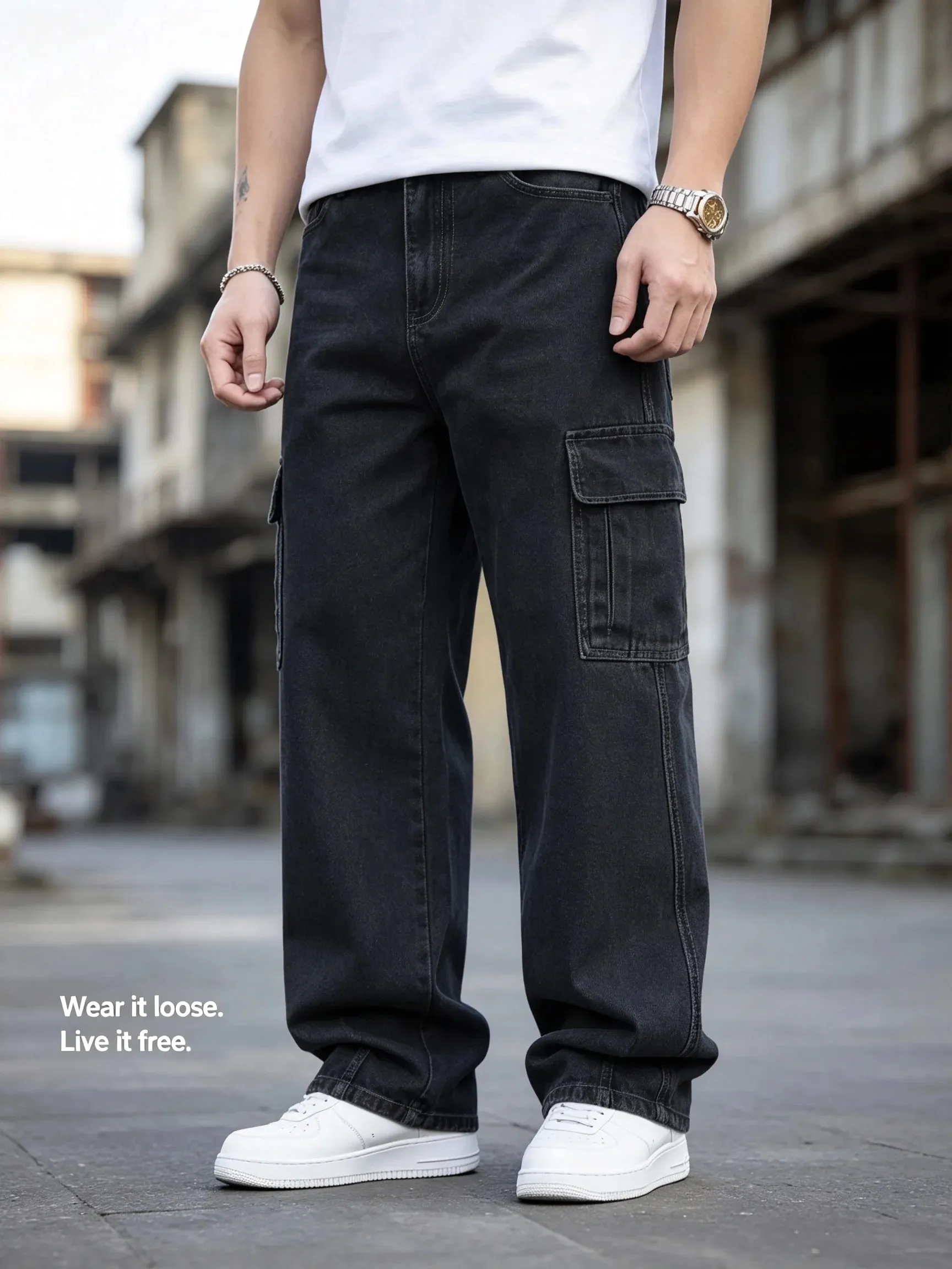Men Baggy Cargo Jeans Retro Army Style Loose Fit Multi‑Pocket Denim Trousers Men's Casual Daily Outdoor Street Work Pants