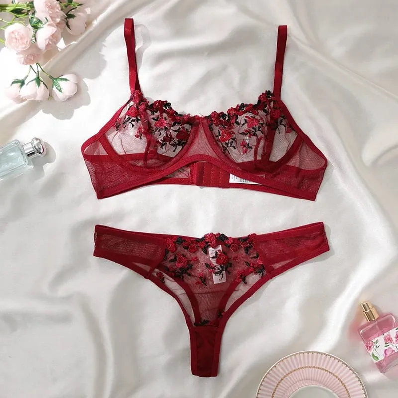 Sexy Lace Lingerie Bra And Panty Sets Women Underwear Flower Embroidery Bralette Set — image 9