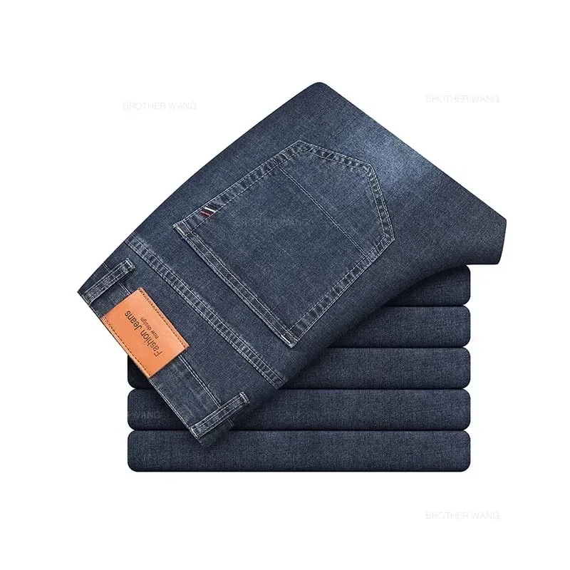 Sommarmärke Herr passform Rak lättvikts stretchjeans i bomull Business Casual Hög midja Tunna ljusgrå jeans herrbyxor