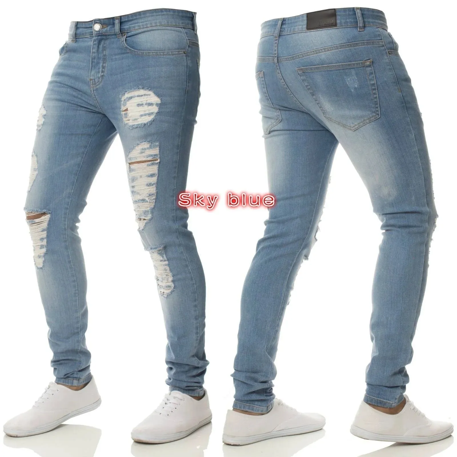 Men High Waist Black Ripped Skinny Jeans Fashion Hole Design Trendy Casual Denim Long Trousers