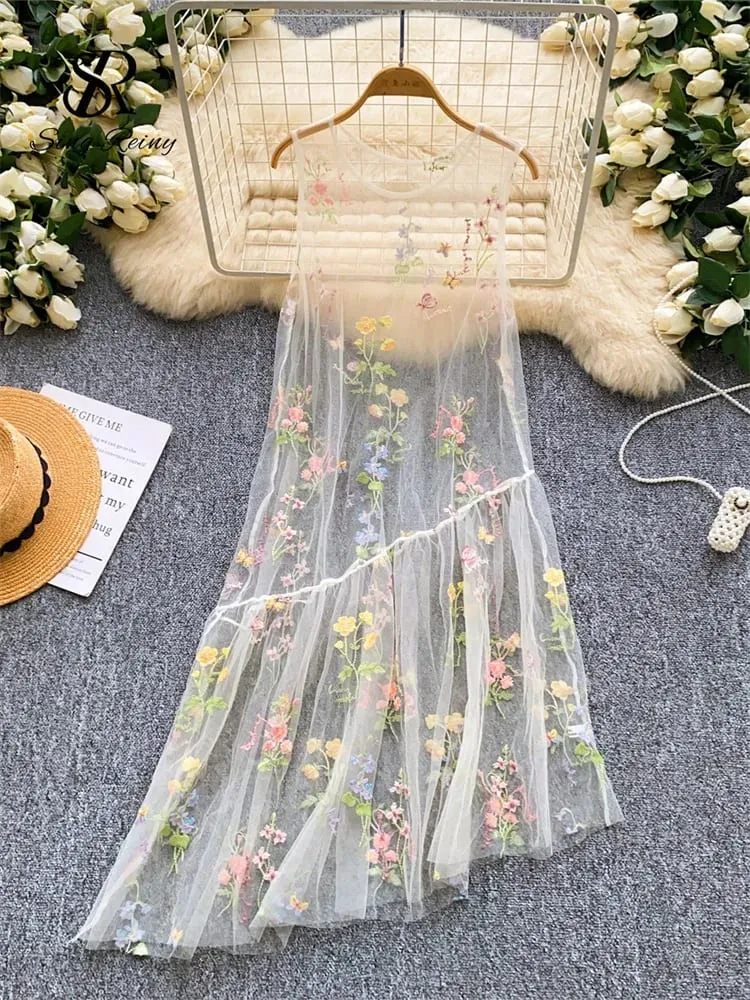 Holiday Floral Embroidery Long Dress 2026 Women O Neck Sleeveless Loose Irregular Summer French Mesh Bohemian Sundress