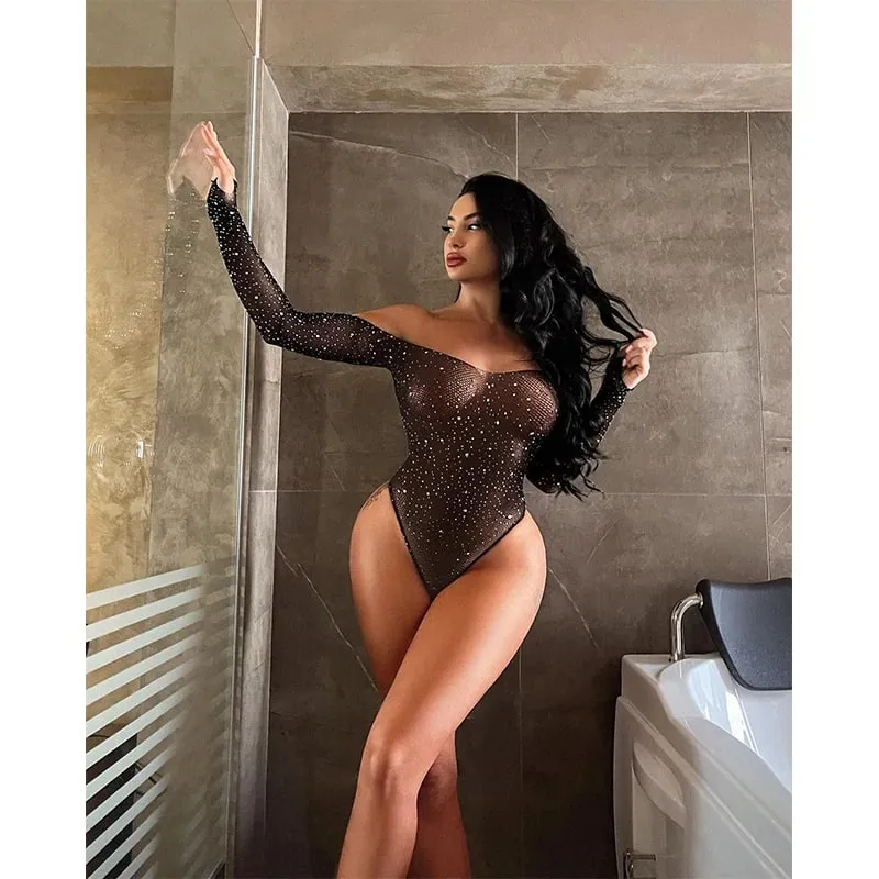 Women Rhinestone Glitter Bodysuit High Fishnet Tights Erotic Lingerie Y2k Sexy Tops One Piece Lingerie Erotic Body Rave Outfits