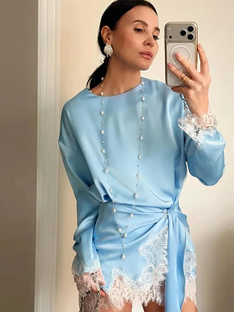 Loose Satin Mini Dress Women O Neck Long Sleeves Lace Patchwork Straight Vestidos Female 2026 Spring Summer Chic Solid Dresses