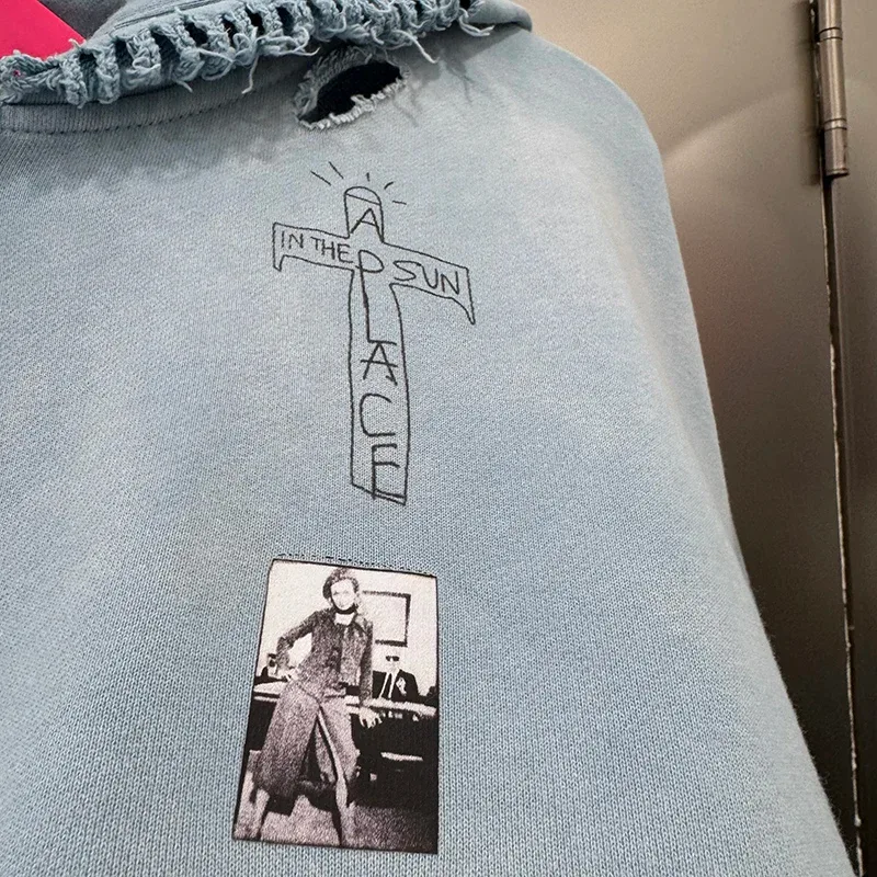 Light Blue PALY Letter Crystal Hoodie Ripped Washed Fashion Patch High Street Casual Men Women 1:1 Zipper Sweatshirts
