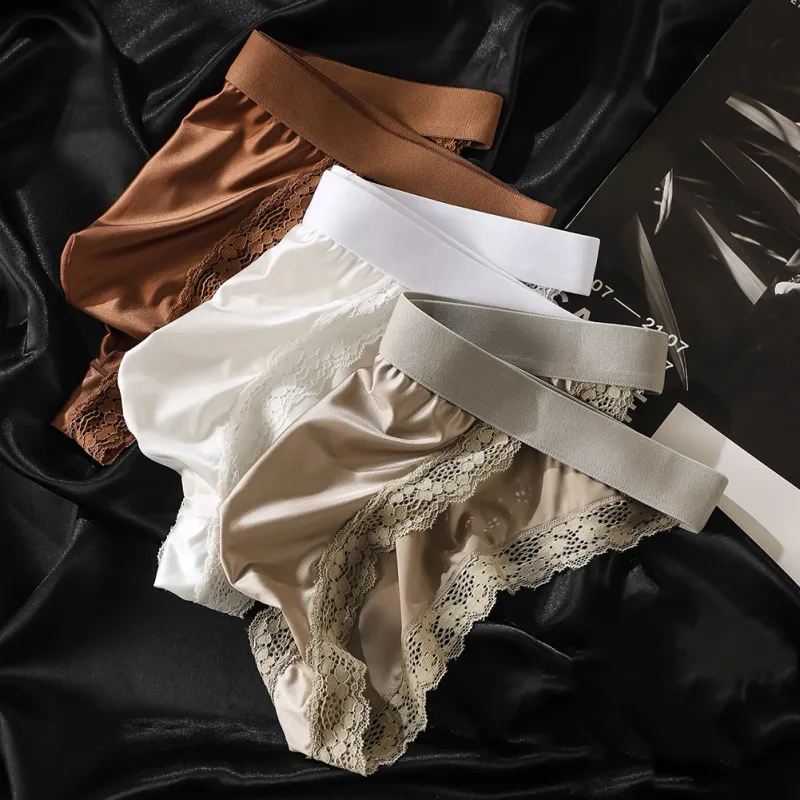 Satin-like Comfortable Men Panties Lace Trim Briefs Sexy High Fork Bikinis Underwear Breathable Low Waist Pouch