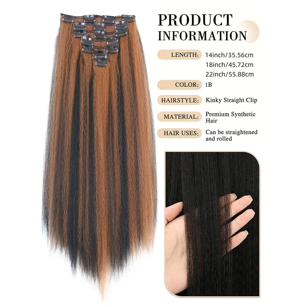 18-22icnh Synthetic Yaki Straight Clip In Hair Extensions For Women Black 7Pcs/Set Synthetic Extensions Hairpiece