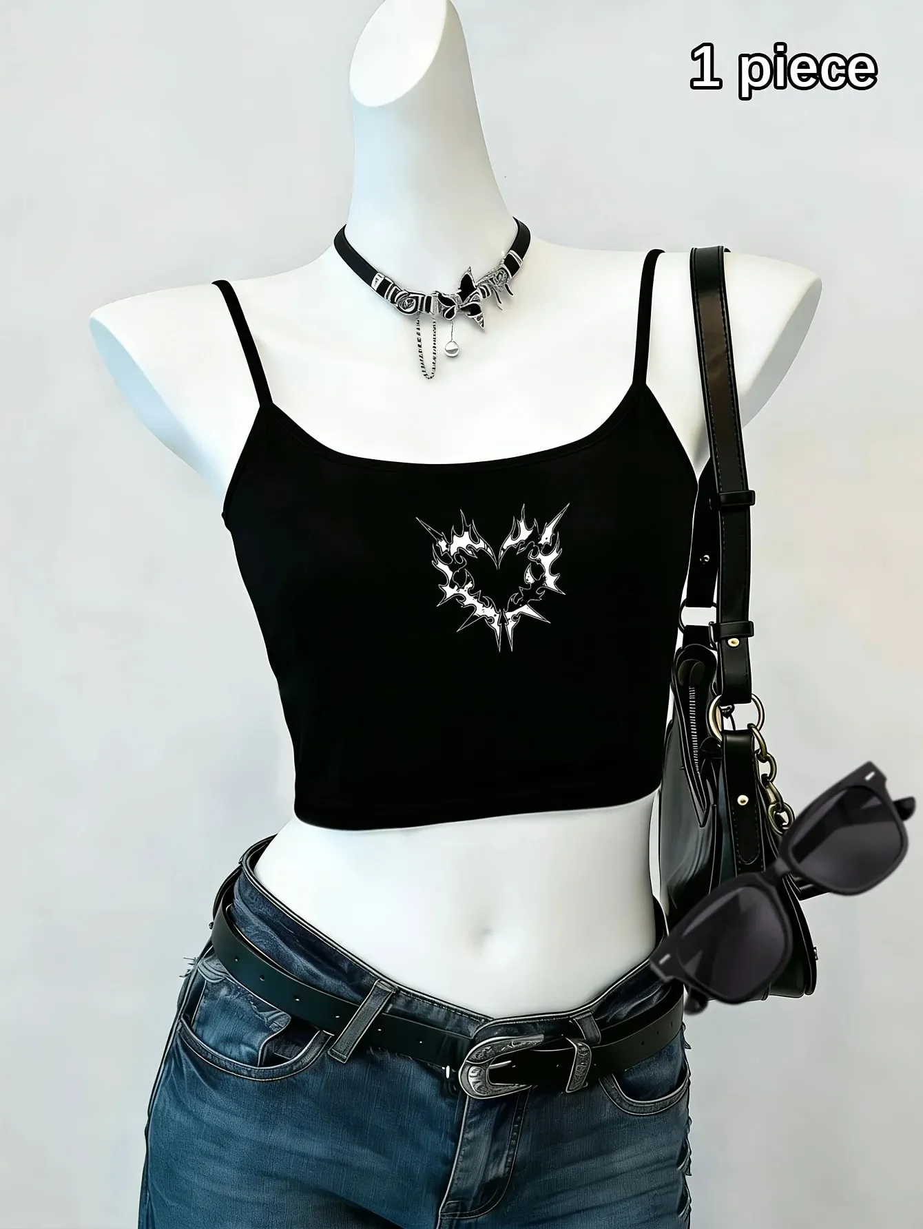 Women Alt Aesthetic Graphic Cami Top Dark Punk Heart Sleeveless Black Spaghetti Strap Crop Tank Vest