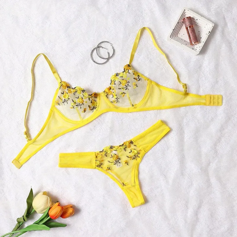 Purple Fancy Lingerie Set Women Embroidered Flower Bra and Panty Underwear Female Outfits
