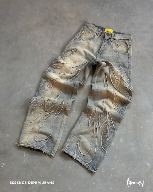 Y2K Jeans Longgar Bordir Hewan Kelelawar Celana Denim Gotik Hip Hop Hitam Pria Antik Celana Panjang Kaki Lebar Lurus Wanita Mode