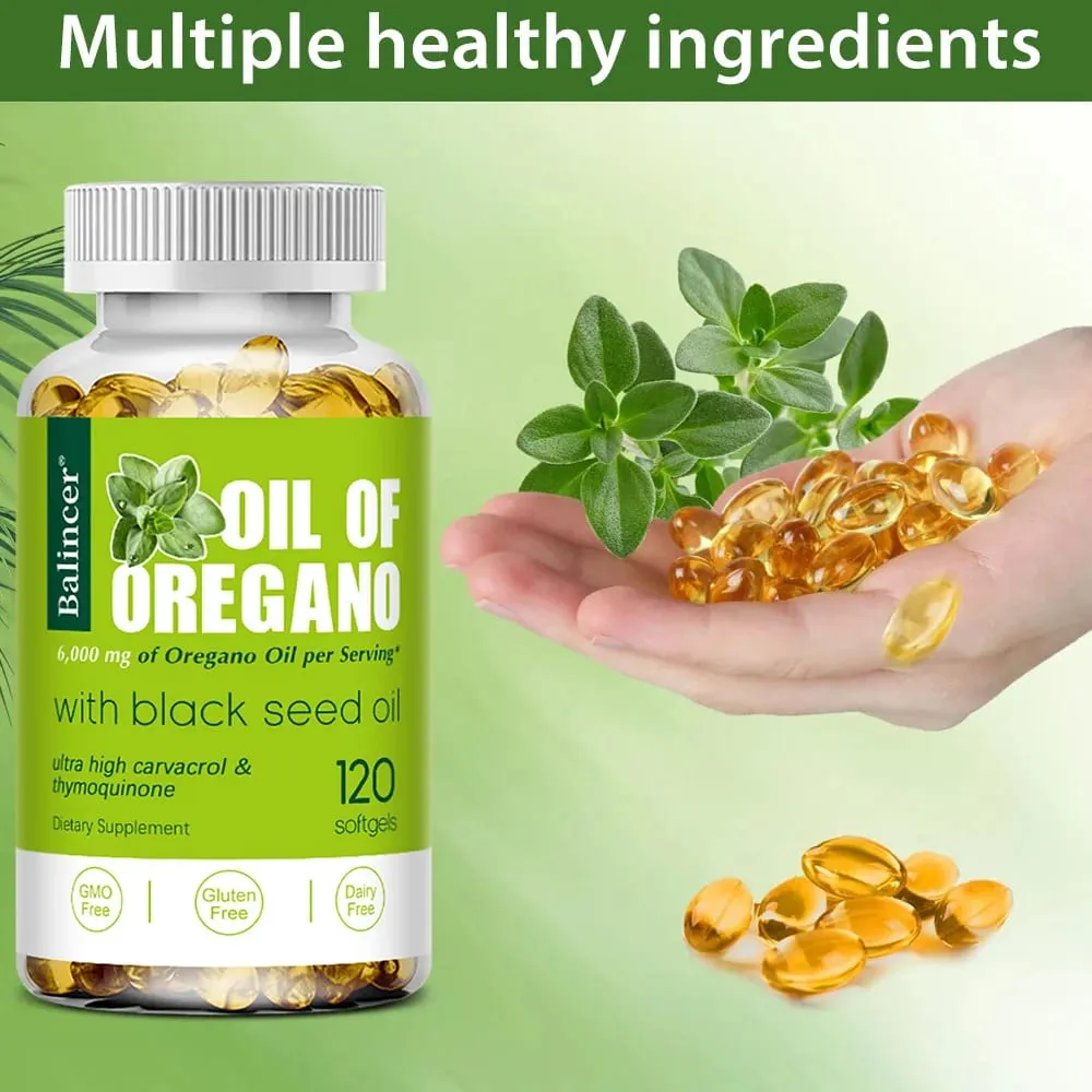 Oil of Oregano Softgels 6000mg feketemag olajjal 200mg | Nem GMO-immuntámogatás Az emésztés és a légzőrendszer egészségének elősegítése