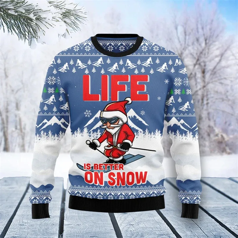 Fashion Skiing Santa Graphic Ugly Christmas Sweater For Men Trendy Streetwear 3D Printed Xmas Sweatshirts Loose Holiday Pullover