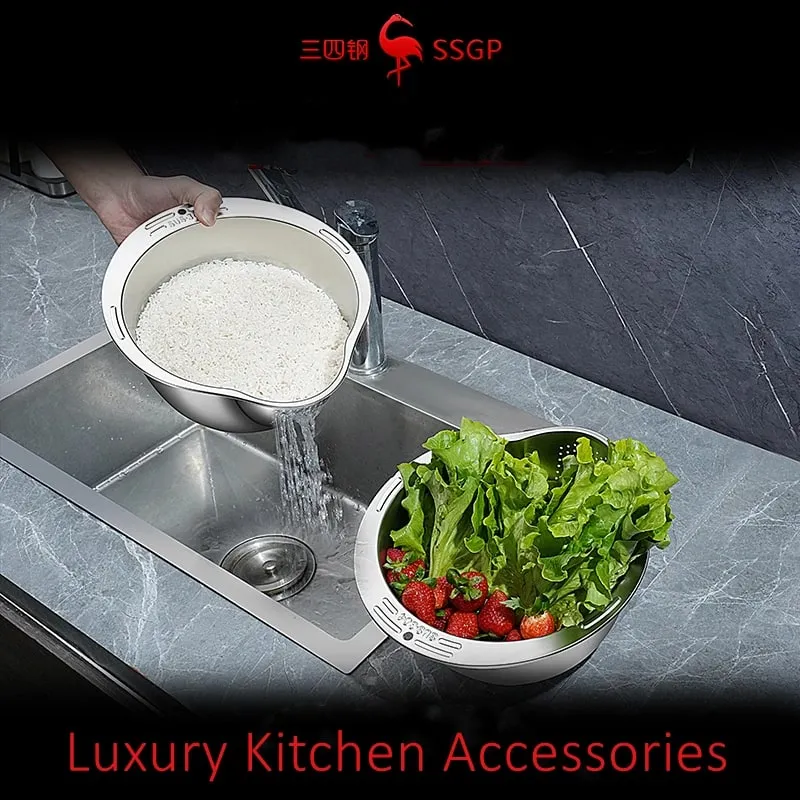 LFGB Certification 316L Stainless Steel Kitchen Washing Basin 99.9% Anti-bacterial Rice Fruit and Vegetable Cleaning Strainer