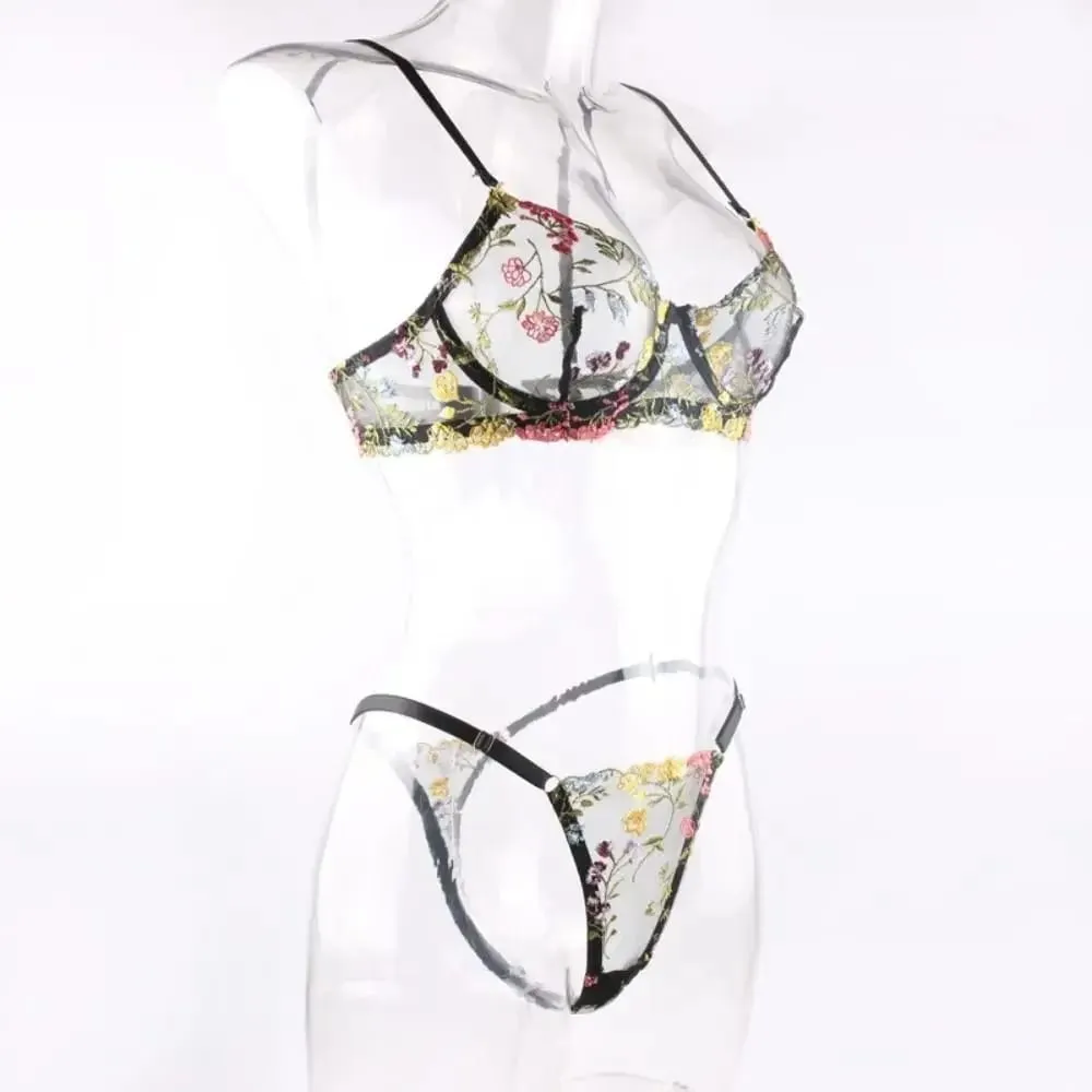 2-Piece Versatile Floral Lingerie Set Embroidery Sheer Women Underwear Wireless Bra