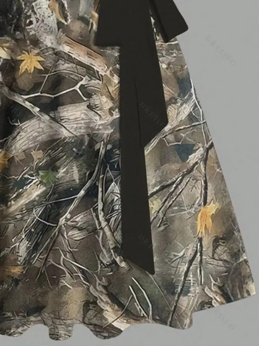 Womens Camo Print Spaghetti Strap Mini Dress Sweetheart Neck Bowknot Waist A Line Summer Party Dress