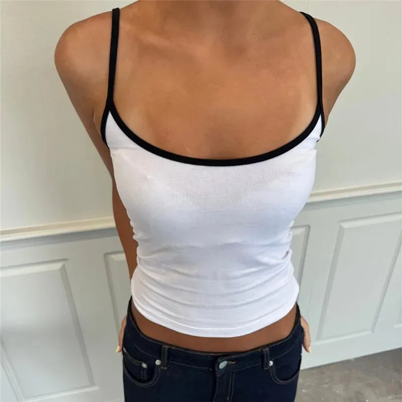 hirigin Y2K Color Block Trim Cami Top White Piping Spaghetti Strap Slim Fit Tank Solid Color Casual Streetwear Going Out Tops