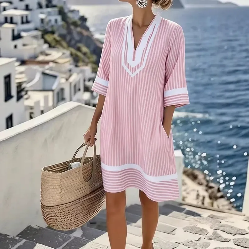 V-Neck Bohemian Print Loose Beach Dress Short Sleeve Sun Cover-Up