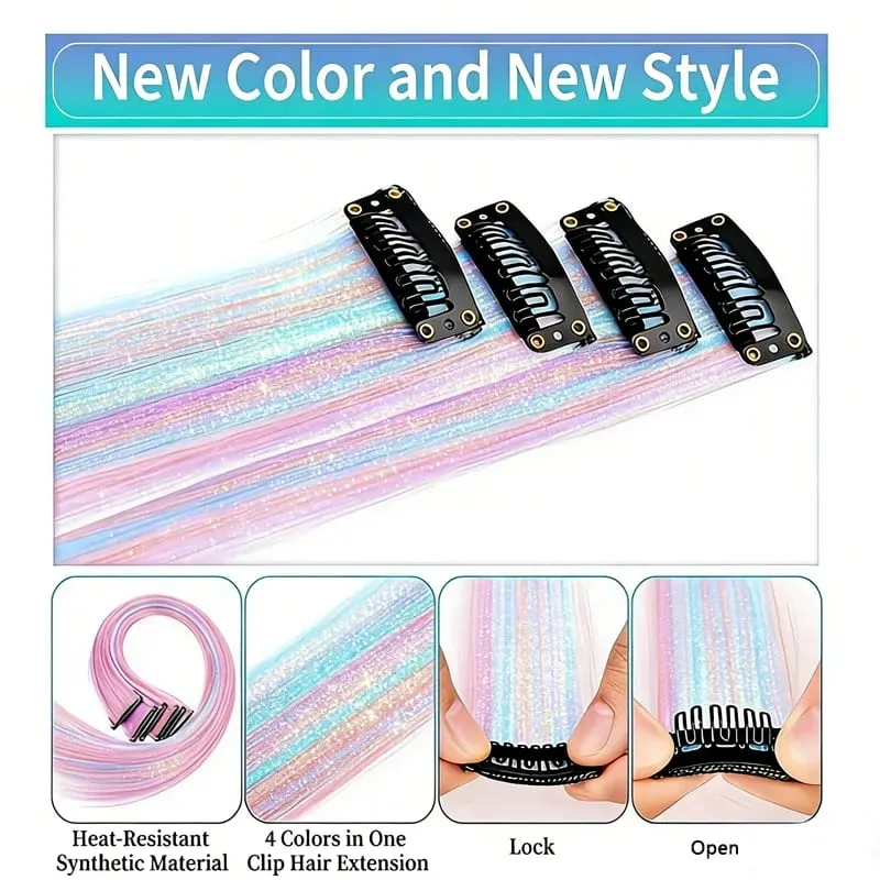 5pcs 24inch Colored Clip in Hair Extensions Long Straight Colorful Highlights Hair Pieces Synthetic Rainbow Hairpieces for women