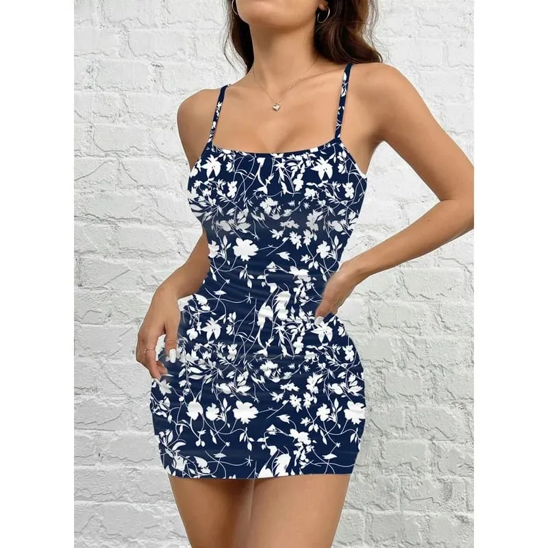 Women's Floral Print Square Neck Sleeveless Dress Summer Casual Comfortable Fashion Short Skirt with Suspender