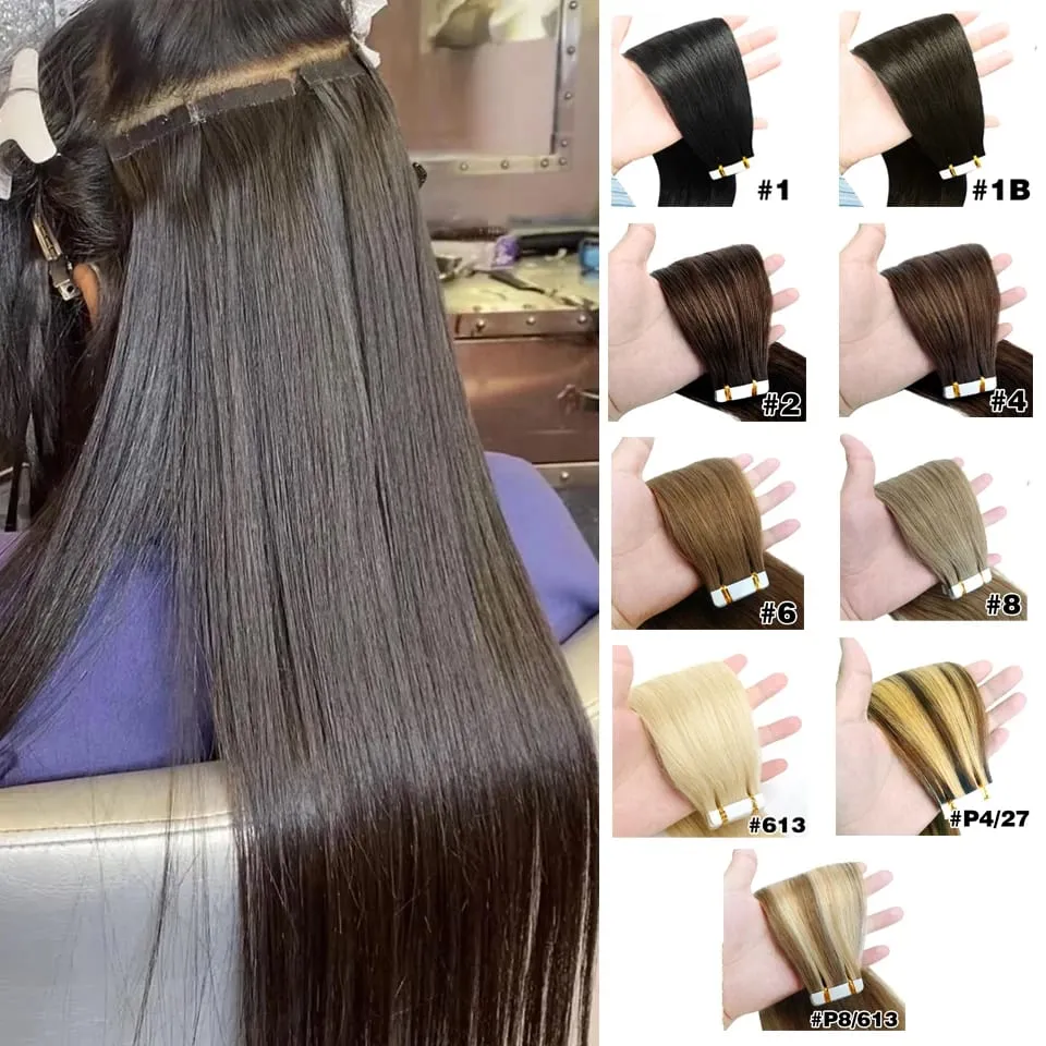 Tape In Hair Extensions Human Hair Natural Color Silk Soft Straight Seamless Invisible Tape In Extensions Color #2 for Women 50G