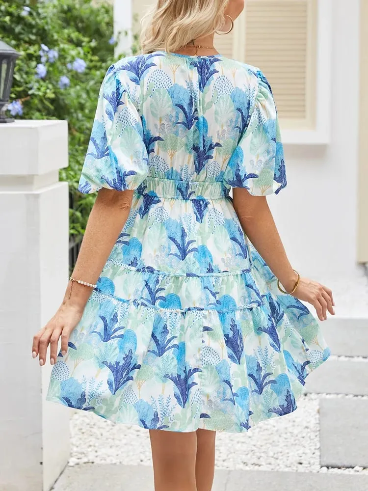 New Summer Comfortable and Loose-Fitting Short-Sleeve Casual Women's Dress with an Elegant V-Neck and Fashionable Print