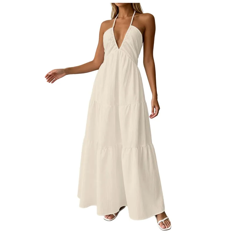 Summer Halter Neck Women's Dress Elegant Chic Wedding Party Beach Dress Backless Flowy Vacation Boho Sling Long Dresses Women