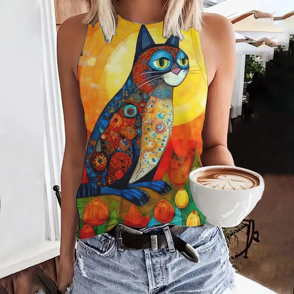 Débardeur d'été imprimé visage drôle de chat en 3D pour femmes, Streetwear à la mode, surdimensionné, col rond, gilet, épaules dénudées, sans manches, Camisole